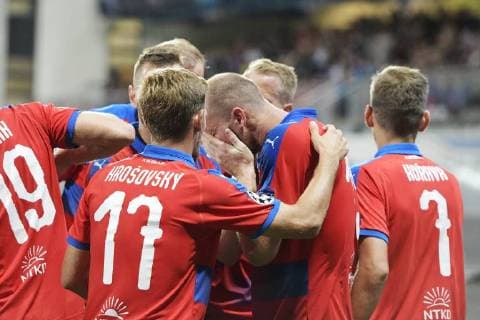 Michael Krmencik of Viktoria, centre, with his teammates celebrate the first goal in the 1st round, Group G, Champions League match FC Viktoria Plzen vs CSKA Moscow in Pilsen, Czech Republic, on September 19, 2018. (CTKxPhoto MiroslavxChaloupka) CTKPhotoP201809191069301  cha08