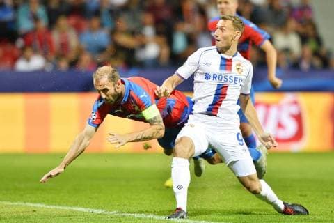 Roman Hubnik of Viktoria, left, and Fyodor Chalov of CSKA in action during the 1st round, Group G, Champions League match FC Viktoria Plzen vs CSKA Moscow in Pilsen, Czech Republic, on September 19, 2018. (CTKxPhoto MiroslavxChaloupka) CTKPhotoP201809191151501  cha09