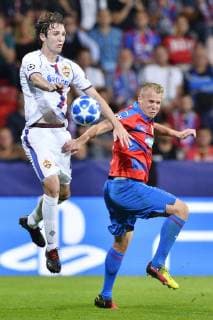 Jaka Bijol of CSKA, left, and David Limbersky of Viktoria in sction during the 1st round, Group G, Champions League match FC Viktoria Plzen vs CSKA Moscow in Pilsen, Czech Republic, on September 19, 2018. (CTKxPhoto MiroslavxChaloupka) CTKPhotoP201809191156501  cha13