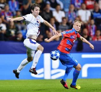 Jaka Bijol of CSKA, left, and David Limbersky of Viktoria in sction during the 1st round, Group G, Champions League match FC Viktoria Plzen vs CSKA Moscow in Pilsen, Czech Republic, on September 19, 2018. (CTKxPhoto MiroslavxChaloupka) CTKPhotoP201809191159401  cha14