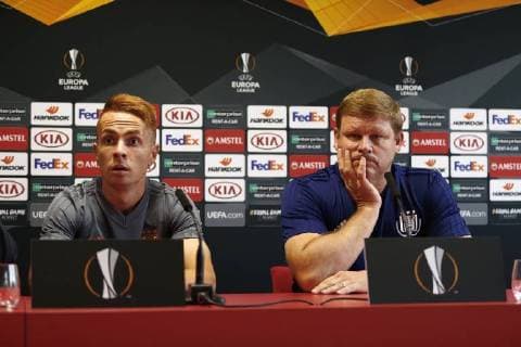 Hein Vanhaezebrouck head coach of RSC Anderlecht and Adrien Trebel midfielder of RSC Anderlecht FOOTBALL : Conference de presse - Rsc Anderlecht- Ligue europeenne - Trnava - 19 09 2018 PhotoNews Panoramic  775219981