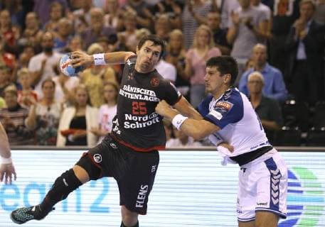 Photo Rasmus Lauge Flensburg v Ivan Srsen right Handball Mens Champions League on Wed 19 09 2018 Flensburg HC Zagreb