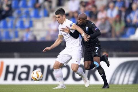 Fußball, EL, KRC Genk - Malmö FF Genk s Ruslan Malinovski and Malmo FF s midfielder Fouad Bachirou fight for the ball during the match between Belgian soccer team KRC Genk and Swedish club Malmo FF in Genk, Thursday 20 September 2018, on day one of the UEFA Europa League group stage. YORICKxJANSENS  x05430071x