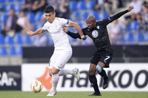 Fußball, EL, KRC Genk - Malmö FF Genk s Ruslan Malinovski and Malmo FF s midfielder Fouad Bachirou fight for the ball during the match between Belgian soccer team KRC Genk and Swedish club Malmo FF in Genk, Thursday 20 September 2018, on day one of the UEFA Europa League group stage. YORICKxJANSENS  x05430073x