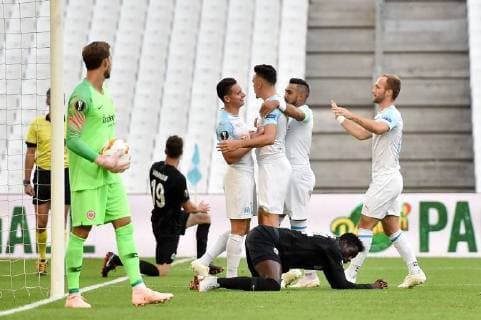 26 FLORIAN THAUVIN (OM) - 10 DIMITRI PAYET (OM) - 28 VALERE GERMAIN (OM) - JOIE FOOTBALL : Marseille vs Eintracht Francfort - Ligue Europa - 20 09 2018 FEP Panoramic 