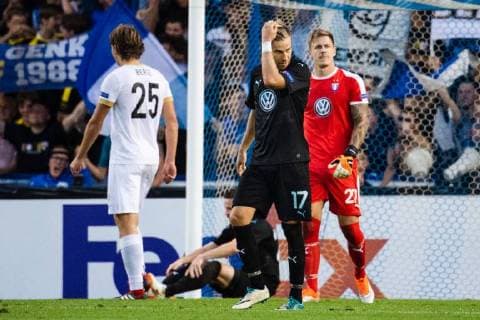 180920 Rasmus Bengtsson and goalkeeper Johan Dahlin or Malmö FF looks dejected after Leandro Trossard or Genk not pictured scored 1 0 during the Europe League group stage match between Genk and Malmö FF on September 20, 2018 in Genk Photo Ludvig Thunman BILDBYRAN code LT 35538  Copyright: LUDVIGxTHUNMAN BB180920LT038