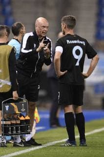 Malmo FF s head coach German Uwe Rosler and Malmo FF s forward Markus Rosenberg pictured during the match between Belgian soccer team KRC Genk and Swedish club Malmo FF in Genk, Thursday 20 September 2018, on day one of the UEFA Europa League group stage. YORICKxJANSENS  x05430161x