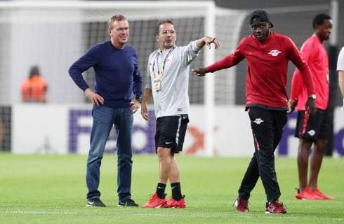 RB Leipzig Salzburg Soccer Euro League Leipzig 20 09 2018 Red Bull Arena Soccer UEFA Europa League RB Leipzig GER vs FC Salzburg AUT Pictured left head coach Ralf Rangnick RB Leipzig integration manager Mustapha Mesloub Salzburg and and Dayot Upamecano 5 RB Leipzig UEFA Êregulations prohibit any use of photographs as image sequences and or quasi video