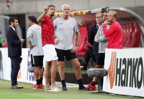RB Leipzig Salzburg Soccer Euro League Leipzig 20 09 2018 Red Bull Arena Soccer UEFA Europa League RB Leipzig GER vs. FC Salzburg AUT Pictured left Stefan Ilsanker 13 RB Leipzig and his father Goalkeeper coach Herbert Ilsanker Salzburg UEFA Êregulations prohibit any use of photographs as image sequences and or quasi video