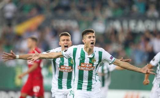 SOCCER - EL, Rapid vs Spartak VIENNA,AUSTRIA,20.SEP.18 - SOCCER - UEFA Europa League, group stage, SK Rapid Wien vs Spartak Moscow. Image shows the rejoicing of Dejan Ljubicic (Rapid) and Mert Muelduer (Rapid). GEPAxpictures xPatrickxLeuk