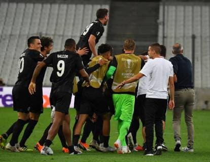 20 09 2018 xjhx Soccer UEFA Europa League Olympique Marseille Eintracht Frankfurt emspor vl Filip Kostic Eintracht Frankfurt Luka Jovic Eintracht Frankfurt Coach Adolf Adi Huetter Eintracht Frankfurt celebrate the goal 1 2 DFB DFB REGULATIONS PROHIBIT ANY USE OF PHOTOGRAPHS as IMAGE SEQUENCES and or QUASI VIDEO Marseille