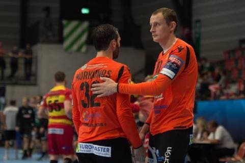 Velux EHF Champions League Wacker Thun Riihimäen Cocks Gümligen 20 09 2018 Handball Velux EHF Champions League Season 2018 2019 Wacker Thun Riihimäen Cocks Giedreius Morkunas and Vitalii Shitsko Cocks