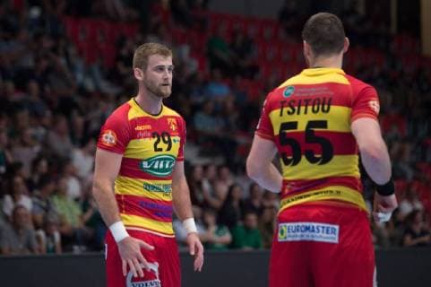 Velux EHF Champions League Wacker Thun Riihimäen Cocks Gümligen 20 09 2018 Handball Velux EHF Champions League Season 2018 2019 Wacker Thun Riihimäen Cocks Sasa Puljizovic and Aliaksandr Tsitou Cocks