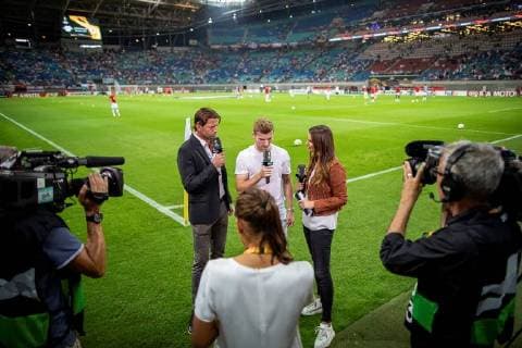 Timo Werner interviewed before the match during the UEFA Europa League match between RB Leipzig and FC Red Bull Salzburg at the Red Bull Arena on 20 September 2018 in Leipzig Saxony Germany FB EL RB Leipzig FC Red Bull Salzburg Copyright: xEIBNER HartmutxBoesenerx EP_HBR
