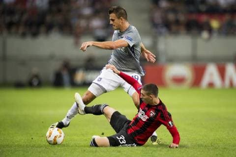 Anderlecht s Ivan Santini and Spartak s midfielder Erik Jirka fight for the ball during a match between Belgian soccer team RSC Anderlecht and Slovakian club Spartak Trnava, Thursday 20 September 2018 in Trnava, Slovakia, on day one of the UEFA Europa League group stage. JASPERxJACOBS  x05430278x