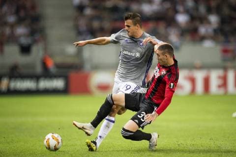 Anderlecht s Ivan Santini and Spartak s midfielder Erik Jirka fight for the ball during a match between Belgian soccer team RSC Anderlecht and Slovakian club Spartak Trnava, Thursday 20 September 2018 in Trnava, Slovakia, on day one of the UEFA Europa League group stage. JASPERxJACOBS  x05430279x