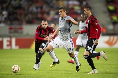 Anderlecht s Ivan Santini and Spartak s midfielder Erik Jirka fight for the ball during a match between Belgian soccer team RSC Anderlecht and Slovakian club Spartak Trnava, Thursday 20 September 2018 in Trnava, Slovakia, on day one of the UEFA Europa League group stage. JASPERxJACOBS  x05430281x