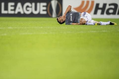 Sport Bilder des Tages Fußball, EL, Spartak Trnava - RSC Anderlecht Anderlecht s Ivan Santini lies injured on the ground during a match between Belgian soccer team RSC Anderlecht and Slovakian club Spartak Trnava, Thursday 20 September 2018 in Trnava, Slovakia, on day one of the UEFA Europa League group stage. JASPERxJACOBS  x05430300x
