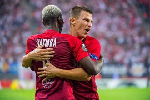 UEFA Europa League RB Leipzig GER vs. FC Salzburg AUT 20 09 2018 Red Bull Arena Leipzig GER UEFA Europa League RB Leipzig GER vs. FC Salzburg AUT im Bild Jubilant goal scorer to 0 2 for FC Salzburg by Amadou Haidara 4 FC Salzburg nordphotoxDostmann nph00325