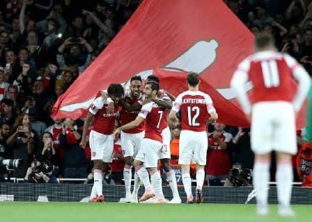 FuÃŸball, EL, FC Arsenal - Worskla Poltawa 20th September 2018, Emirates Stadium, London, England; UEFA Europa League football, Arsenal versus Vorskla Poltava; Pierre-Emerick Aubameyang of Arsenal celebrates scoring his sides 1st goal in the 32nd minute to make it 1-0  ActionPlus12064062 JohnxPatrickxFletcher