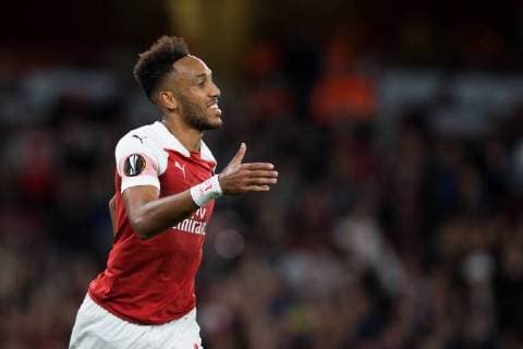 Fußball, EL, FC Arsenal - Worskla Poltawa Pierre-Emerick Aubameyang of Arsenal celebrates scoring the opening goal during the UEFA Europa League Group E match at the Emirates Stadium, London. Picture date 20th September 2018. Picture credit should read: Craig Mercer Sportimage EDITORIAL USE ONLY. No use with unauthorised audio, video, data, fixture lists, club league logos or live services. Online in-match use limited to 120 images, no video emulation. No use in betting, games or single club league player publications.