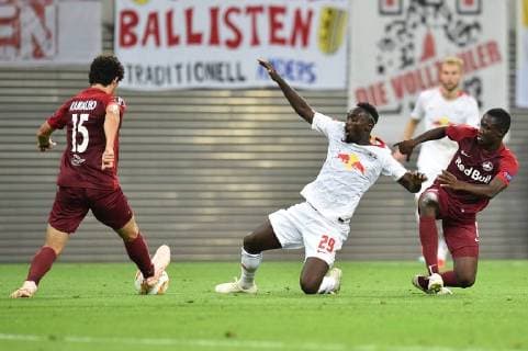 Soccer Europa League Group stage 1 Gameday RB Leipzig FC Salzburg on 20 09 2018 in the Red Bull Arena in Leipzig Andre Ramalho Salzburg left Jean Kevin Augustin Leipzig middle Diadie Samassekou Salzburg right DFL Regulations prohibit any use of images as image sequences and or quasi video xTTx