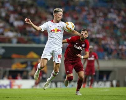 20 09 2018 Football UEFA Europa League 2018 2019 Group Stage 1 Gameday RB Leipzig FC Salzburg at Red Bull Arena Leipzig LR Kevin Kampl RB Leipzig in action with Munas Dabbur RB Salzburg DFL and DFB regulations prohibit any use of images as image sequences and or quasi video