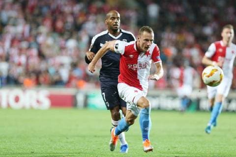 Fußball, EL, Slavia Prag - Girondins Bordeaux PRAGUE 20.09.2018 PILKA NOZNA FOOTBALL LIGA EUROPY - UEFA EUROPA LEAGUE SLAVIA PRAHA - GIRONDINS BORDEAUX NZ. VLADIMIR COUFAL (SLAVIA) JIMMY BRIAND (GIRONDINS) FOT. MICHAL CHWIEDUK FOKUSMEDIA.COM.PL NEWSPIX.PL --- Newspix.pl FRANCE OUT!  180920CHW015
