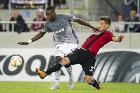 Fußball, EL, Spartak Trnava - RSC Anderlecht Anderlecht s Landry Dimata and Spartak s defender Matej Oravec fight for the ball during a match between Belgian soccer team RSC Anderlecht and Slovakian club Spartak Trnava, Thursday 20 September 2018 in Trnava, Slovakia, on day one of the UEFA Europa League group stage. JASPERxJACOBS  x05430311x