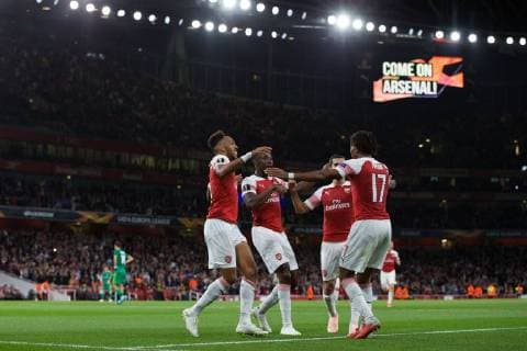 Pierre-Emerick Aubameyang of Arsenal celebrates scoring the opening goal with team mates during the UEFA Europa League Group E match at the Emirates Stadium, London. Picture date 20th September 2018. Picture credit should read: Craig Mercer Sportimage EDITORIAL USE ONLY. No use with unauthorised audio, video, data, fixture lists, club league logos or live services. Online in-match use limited to 120 images, no video emulation. No use in betting, games or single club league player publications.