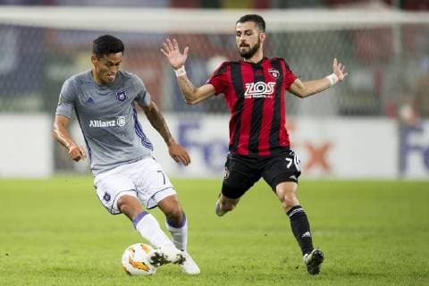 Fußball, EL, Spartak Trnava - RSC Anderlecht Anderlecht s Andy Najar and Spartak s midfielder Vakhtang Chanturishvili fight for the ball during a match between Belgian soccer team RSC Anderlecht and Slovakian club Spartak Trnava, Thursday 20 September 2018 in Trnava, Slovakia, on day one of the UEFA Europa League group stage. JASPERxJACOBS  x05430308x