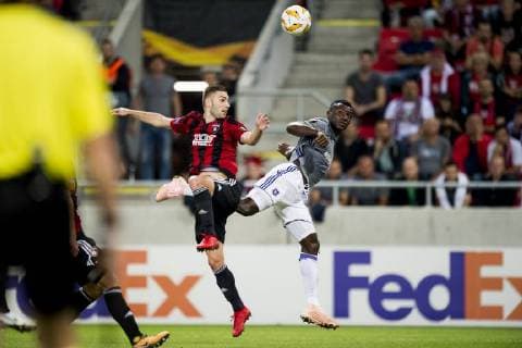 Spartak s defender Andrej Kadlec and Anderlecht s Francis Amuzu fight for the ball during a match between Belgian soccer team RSC Anderlecht and Slovakian club Spartak Trnava, Thursday 20 September 2018 in Trnava, Slovakia, on day one of the UEFA Europa League group stage. JASPERxJACOBS  x05430310x