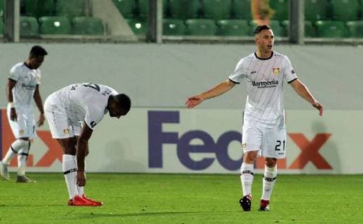 20.09.2018 Razgrad(Bulgaria) PFC Ludogorets-Bayer 04 Leverkusen Europa League men s football Jonathan Tah (L),Dominik Kohr(r) Bayer 04 Leverkusen after second received goal : 