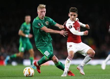 20th September 2018, Emirates Stadium, London, England; UEFA Europa League football, Arsenal versus Vorskla Poltava; Vladyslav Kulach of Vorskla Poltava puts pressure on Lucas Torreira of Arsenal  ActionPlus12064066 JohnxPatrickxFletcher