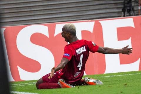 Jubilee celebration at Amadou Haidara Salzburg 4 via his goal to 0 2 Goal goal Goal action Promotion Soccer UEFA Europa League RB Leipzig FC Salzburg xprx