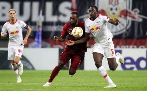 GER Europa League Group B RasenBallsport Leipzig vs Besiktas Istanbul 20 09 18 Leipzig Red Bull Arena GER Season 2018 2019 UEFA Europa League Group B 1 Gameday of 6 RasenBallsport Leipzig vs FC Red Bull Salzburg im Bild Ibrahima Konate Leipzig vs Reinhold Yabo Salzburg DFL regulations prohibit any use of photographs as image sequences and or quasi video