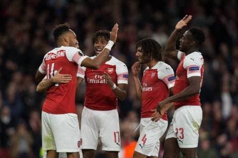 Pierre-Emerick Aubameyang of Arsenal celebrates scoring his side s third goal with team-mates during the UEFA Europa League Group E match at the Emirates Stadium, London. Picture date 20th September 2018. Picture credit should read: Craig Mercer Sportimage EDITORIAL USE ONLY. No use with unauthorised audio, video, data, fixture lists, club league logos or live services. Online in-match use limited to 120 images, no video emulation. No use in betting, games or single club league player publications.