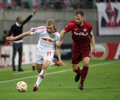 RB Leipzig Salzburg Soccer Euro League Leipzig 20 09 2018 Red Bull Arena Soccer UEFA Euro League Group B 1 Gameday RB Leipzig vs FC Salzburg Pictured left Konrad Laimer 27 RB Leipzig and Andreas Ulmer 17 Salzburg According to UEFA regulations, it is prohibited in to use the stadium and or the game made photo recordings in the form of sequence images and or video-like photo galleries or to let exploit