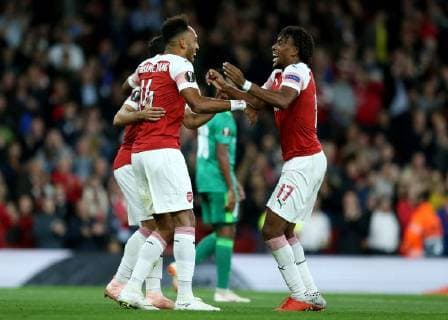 & xa7;20th September 2018, Emirates Stadium, London, England; UEFA Europa League football, Arsenal versus Vorskla Poltava; Pierre-Emerick Aubameyang of Arsenal celebrates scoring his sides 3rd goal in the 56th minute to make it 3-0 with Alex Iwobi of Arsenal  ActionPlus12064072 JohnxPatrickxFletcher