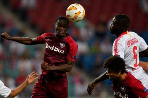 SOCCER - EL, RB Leipzig vs RBS LEIPZIG,GERMANY,20.SEP.18 - SOCCER - UEFA Europa League, group stage, RasenBallsport Leipzig vs Red Bull Salzburg. Image shows Diadie Samassekou (RBS), Dayot Upamecano (RB Leipzig) and Andre Ramalho (RBS). GEPAxpictures xFlorianxErtl