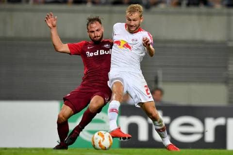SOCCER - EL, RB Leipzig vs RBS LEIPZIG,GERMANY,20.SEP.18 - SOCCER - UEFA Europa League, group stage, RasenBallsport Leipzig vs Red Bull Salzburg. Image shows Andreas Ulmer (RBS) and Konrad Laimer (RB Leipzig). GEPAxpictures xFlorianxErtl