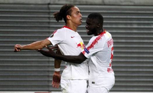 GER Europa League Group B RasenBallsport Leipzig vs Besiktas Istanbul 20 09 18 Leipzig Red Bull Arena GER Season 2018 2019 UEFA Europa League Group B 1 Gameday of 6 RasenBallsport Leipzig vs FC Red Bull Salzburg im Bild Torjubel Yussuf Poulsen and Dayot Upamecano Leipzig after the gate to the 2 2 Compensation DFL regulations prohibit any use of photographs as image sequences and or quasi video