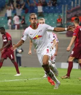 RB Leipzig Salzburg Soccer Euro League Leipzig 20 09 2018 Red Bull Arena Soccer UEFA Euro League Group B 1 Gameday RB Leipzig vs FC Salzburg Pictured Goal for RB Leipzig Yussuf Poulsen 9 RB Leipzig scored the 2 2 and cheers According to the specifications of UEFA is It forbids to use or to make use of photos taken in the stadium and or by the game in the form of sequence pictures and or video-like photo series