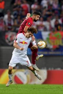 SOCCER - EL, RB Leipzig vs RBS LEIPZIG,GERMANY,20.SEP.18 - SOCCER - UEFA Europa League, group stage, RasenBallsport Leipzig vs Red Bull Salzburg. Image shows Munas Dabbur (RBS) and Marcel Sabitzer (RB Leipzig). GEPAxpictures xFlorianxErtl