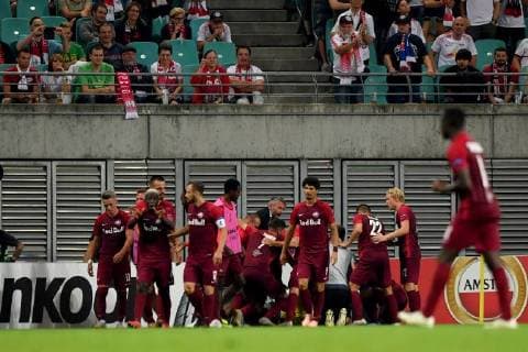 SOCCER - EL, RB Leipzig vs RBS LEIPZIG,GERMANY,20.SEP.18 - SOCCER - UEFA Europa League, group stage, RasenBallsport Leipzig vs Red Bull Salzburg. Image shows the rejoicing of RBS. GEPAxpictures xFlorianxErtl