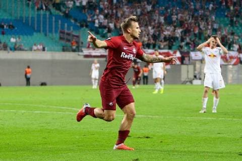 20 09 2018 xtgx Football UEFA Europa League RB Leipzig FC Salzburg emporer l Fredrik Gulbrandsen Salzburg 21 Jubilation celebrating the goal DFL DFB REGULATIONS PROHIBIT ANY USE OF PHOTOGRAPH as IMAGE SEQUENCES and or QUASI VIDEO Leipzig