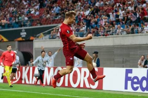 20 09 2018 xtgx Football UEFA Europa League RB Leipzig FC Salzburg emporer l Fredrik Gulbrandsen Salzburg 21 Jubilation celebrating the goal DFL DFB REGULATIONS PROHIBIT ANY USE OF PHOTOGRAPH as IMAGE SEQUENCES and or QUASI VIDEO Leipzig