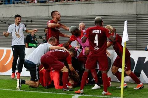 20 09 2018 xtgx Football UEFA Europa League RB Leipzig FC Salzburg ems Salzburg City Goalkeeper 2 3 by Fredrik Gulbrandsen Salzburg 21 Jubilee Goalkeeper celebrates the goal DFL DFB REGULATIONS PROHIBIT ANY USE OF PHOTOGRAPHS as IMAGE SEQUENCES and or QUASI VIDEO Leipzig