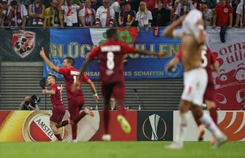 20 09 2018 Football UEFA Europa League 2018 2019 Group Stage 1 Gameday RB Leipzig FC Salzburg in the Red Bull Arena Leipzig Jubilee goalscorer Fredrik Gulbrandsen left RB Salzburg for goal 2 3 DFL and DFB regulations prohibit any use of images as image sequences and or quasi video