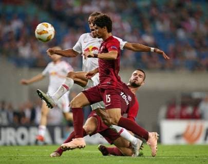 20 09 2018 Football UEFA Europa League 2018 2019 Group Stage 1 Gameday RB Leipzig FC Salzburg at Red Bull Arena Leipzig LR Yussuf Poulsen RB Leipzig in action with Andre Ramalho RB Salzburg and Marin Pongracic RB Salzburg DFL and DFB regulations prohibit any use of photographs as image sequences and or quasi video